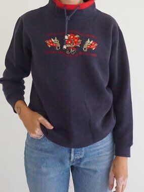 Vintage Jennifer Moore Navy Blue Red Poppy Floral 3D Embroidered Sweater S